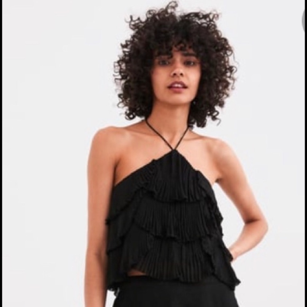 Zara Black Tiered Halter Crop Top